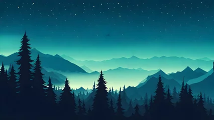 Cercles muraux Vert bleu 2d flat illustration of a mountain landscape with silhouettes of mountains, hills, forest and sky