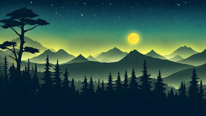 2d flat illustration of a mountain landscape with silhouettes of mountains, hills, forest and sky