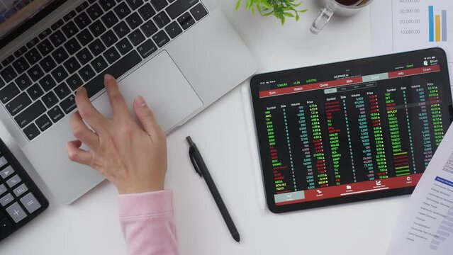 Hands, tablet and woman with stock market review, data analysis for investment, growth and info. Investor, finance expert and software on digital touchscreen, economy and trading.