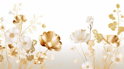 Golden Wild Flowers line art background vector. Luxury abstract art background with artificial flowers, Gold leaves, eucalyptus, trending hydrangea and summer blooms. wedding wallpaper. Generative Ai