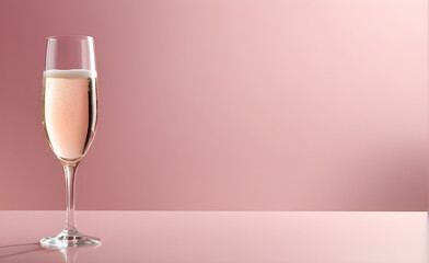 A champagne glass on a simple soft pink background, Valentine's Day, Christmas. Generative AI