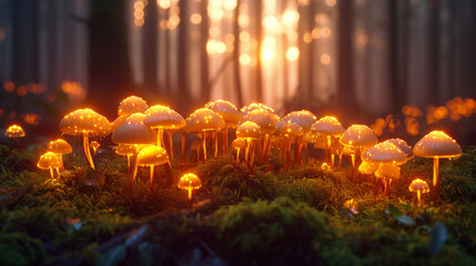 A surreal shot of glowing mushrooms surrounded by vibrant moss in a magical forest during the mystical hours of twilight. Surreal, forest, twilight, mushrooms - obrazy, fototapety, plakaty