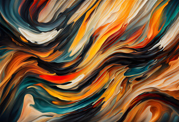 abstract art with mixtures of colors, dark tones. waves and curves in oil painting style. illustration for background, prints. mix of orange, red, blue - obrazy, fototapety, plakaty