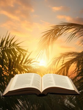 Opened book and palm leaf with cross and sunset scene background. Palm Sunday Concept, copy space - generative ai