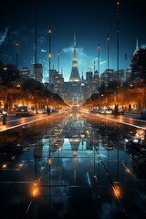 Smart city skyline illuminated by AI-controlled LED lighting for energy efficiency, Generative AI