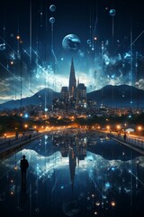 Smart city skyline illuminated by AI-controlled LED lighting for energy efficiency, Generative AI