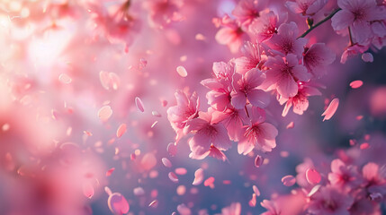 A cherry blossom tree in full bloom, with pink petals gently falling in the breeze, creating a serene and ephemeral moment. Cherry blossom, tree, daytime, spring - obrazy, fototapety, plakaty