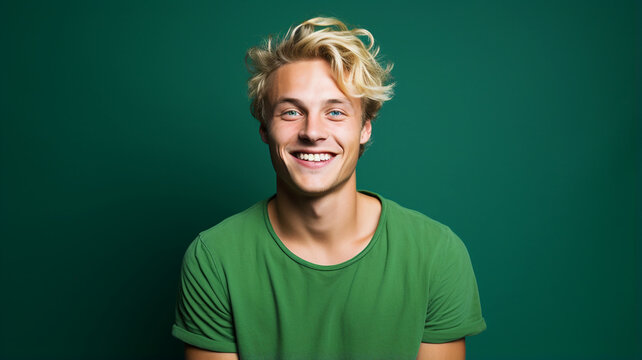 Happy smiling young adult man on a solid background