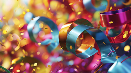 Colorful ribbons swirling in vibrant hues, festive element to the birthday-themed background
