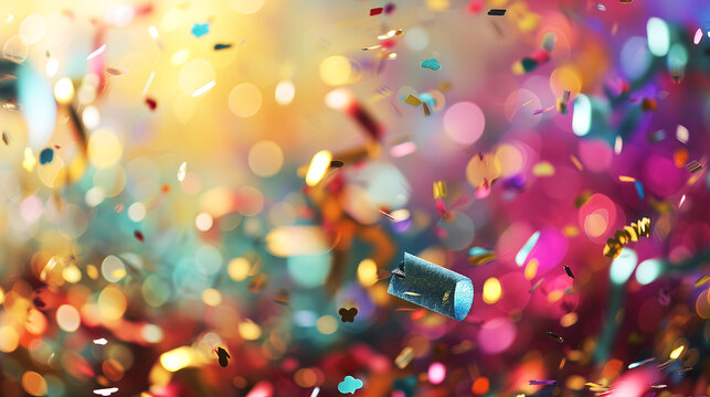 Party popper releasing a burst of colorful confetti and streamers. Birthday themed background