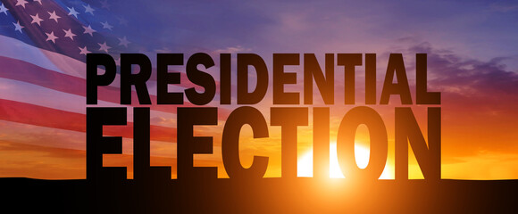 United States presidential election in 2024 lettering on sunset background. USA flag. 3d illustration.