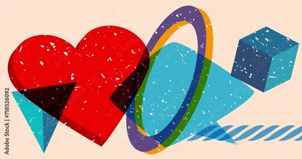 Poster risograph red heart with speech bubble and geometric shapes animation. moving object in trendy riso 