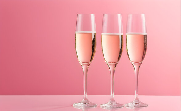 Three champagne glasses on a simple soft pink background, Valentine's Day, Christmas. Generative AI