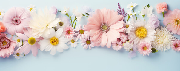 Fototapeta na wymiar Flowers flat lay with copy space in pastel colors