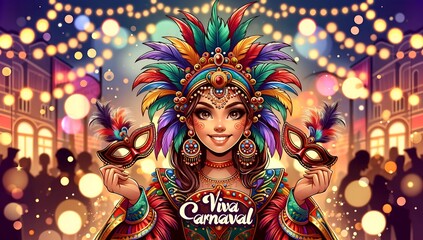 Illustration of the goa carnival with a joyful woman character with mask. - obrazy, fototapety, plakaty