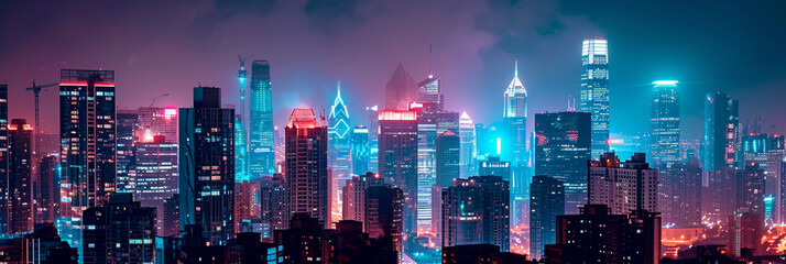 City skyline skyscrapers at night with neon lights - obrazy, fototapety, plakaty