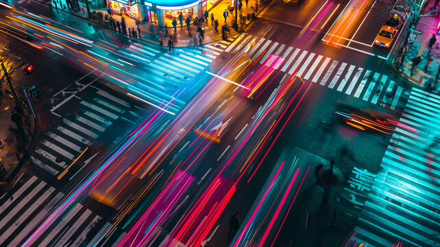 Aerial view of busy city with people and traffic