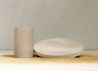 podiums on the sand for presentation show product cosmetic display , stage pedestal or platform background