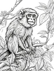 Obraz premium A detailed sketch of a monkey amidst lush foliage, capturing the essence of wildlife with intricate lines and shading