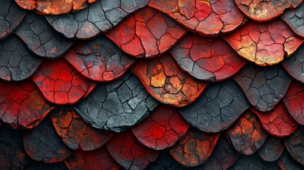 Black and Red Dragon Skin Pattern in the Style of Cubist Deconstructions - Dark Rustic Scale Texture with Gray and Bronze Nuances Background created with Generative AI Technology