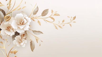 Luxury floral golden line art wallpaper. Elegant gradient gold rose flowers and eucalyptus leaf branch pattern background. Design for wedding card, frame, invitation, cover, banner. Generative Ai