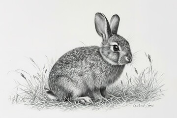Obraz premium drawing of a rabbit sitting in the grass. The rabbit’s fur is intricately sketched to show texture and shading