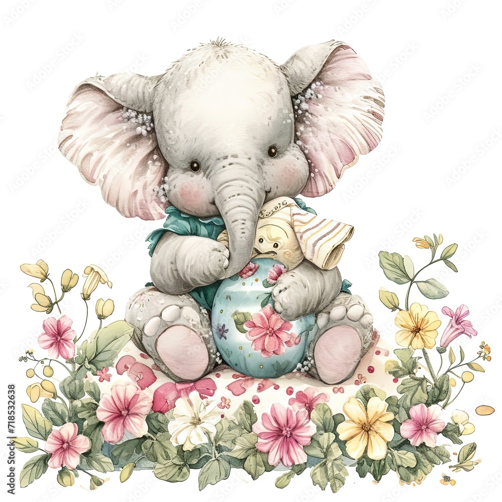 Sticker elephant with flowers illustration watercolor