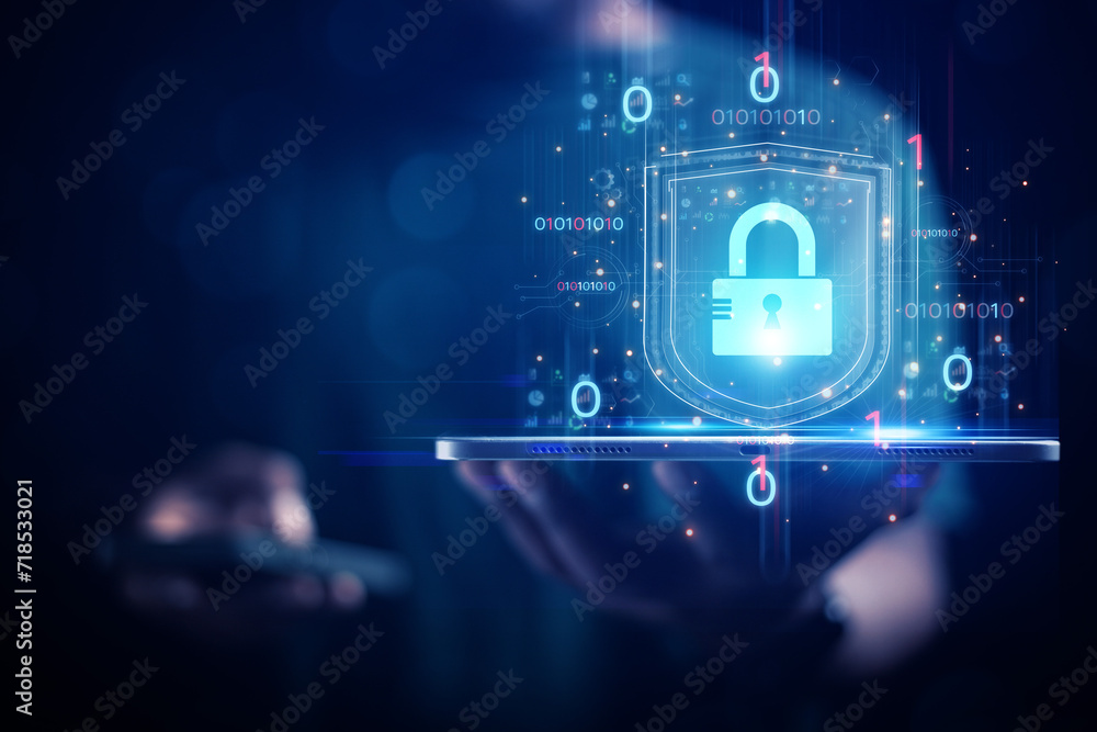 Aufkleber cybersecurity concept business man shows how to protect cyber technology network from attack by hack
