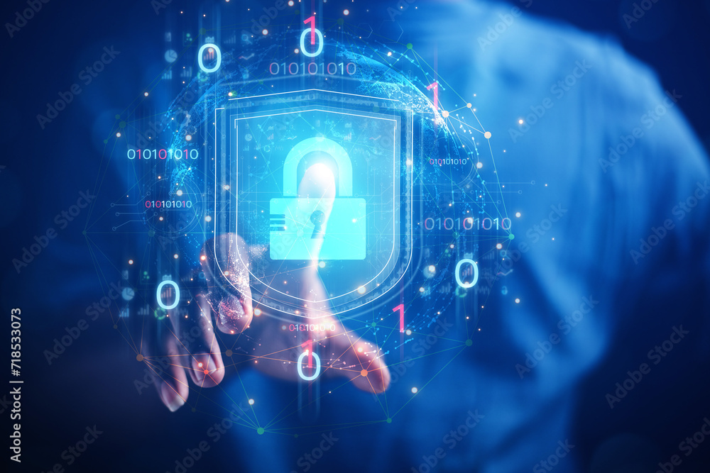 Poster cybersecurity concept business man shows how to protect cyber technology network from attack by hack