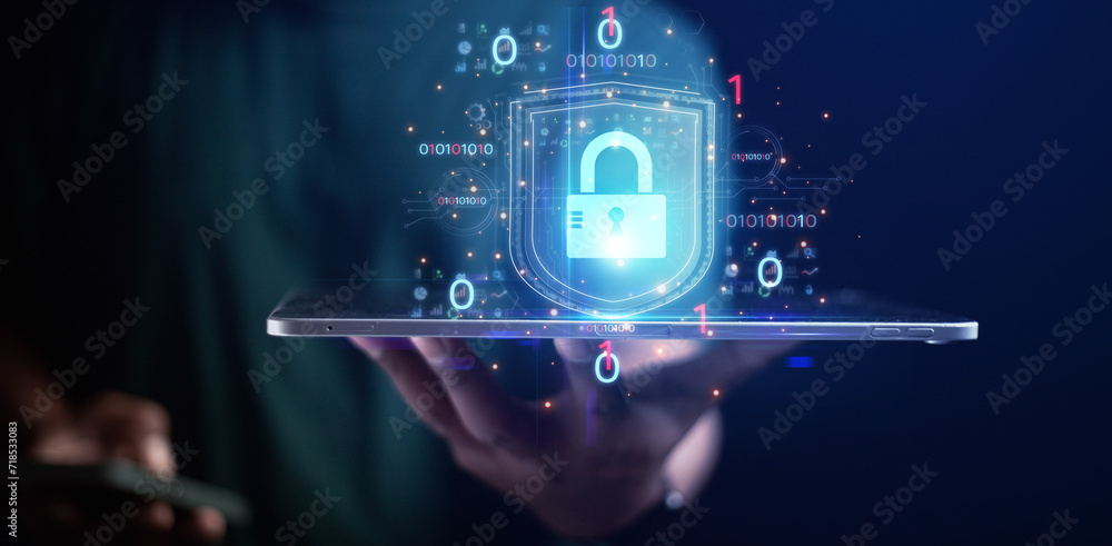 Poster cybersecurity concept business man shows how to protect cyber technology network from attack by hack