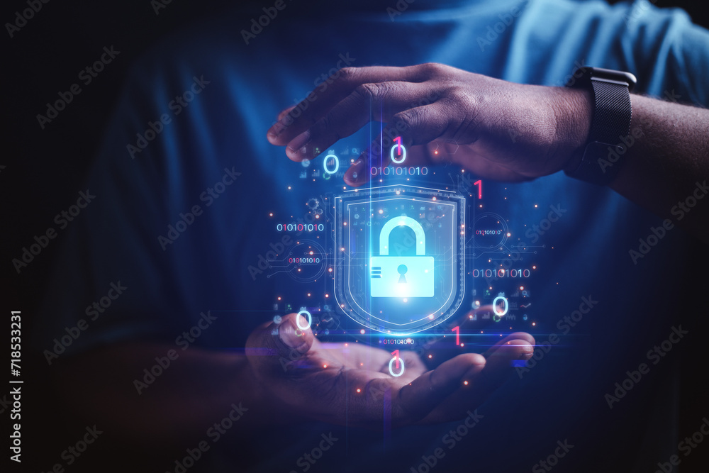 Poster cybersecurity concept business man shows how to protect cyber technology network from attack by hack