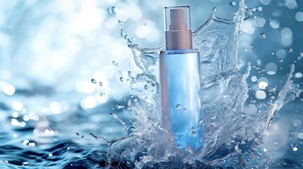 Cream bottle mock up in water splash for cosmetic ad on bokeh background. Makeup Product Advertisement.
