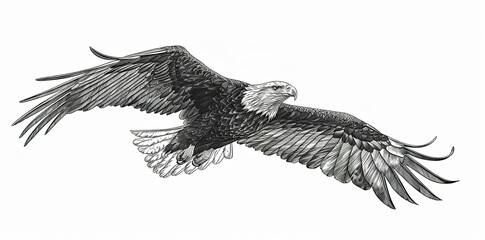 sketch of an eagle in mid-flight. The eagle’s wings are fully spread out showcasing intricate feather detailing