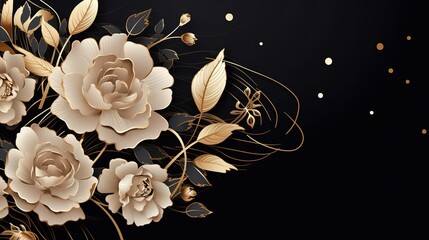Luxury gold floral background vector. Golden gradient Roses and peonies flower line art wallpaper design for prints, cover, wall arts, greeting card, wedding cards, invitation. Generative Ai