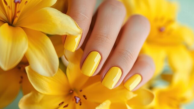 Close Up Beautiful Manicure And Yellow Flowers