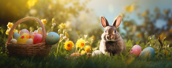 Fototapeta na wymiar Easter bunny rabbit in a meadow with flowers and eggs