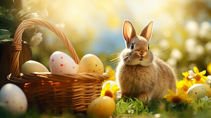 Easter bunny rabbit in a meadow with flowers and eggs