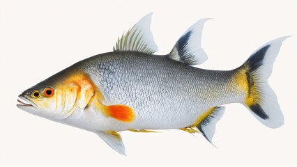 a fish with orange, white, and black stripes in front of a white background