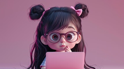 Сute 3D girl with glasses and ponytails on her head sits at the table and works at a laptop on a pink background and thinking