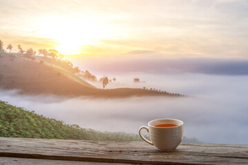 Tea cup on the wooden table and the tea plantations mountains in morning mist background