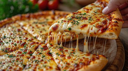 Four cheese pizza with stretchy dripping cheese, mozzarella, parmesan, gorgonzola and emmental with stretchy dripping cheese, tomato sauce, holds in hand. Food photo from restaurant for pizza delivery - obrazy, fototapety, plakaty