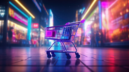 3d Shopping neon cart icon in storefront with colorful neon light blurred background. Black Friday, cyber monday and valentine sale promotions concept - obrazy, fototapety, plakaty