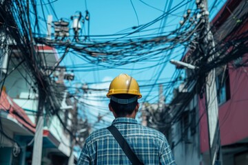 Fototapeta premium utility pole stands amidst the chaos of the wiring adding to the complexity of the scene