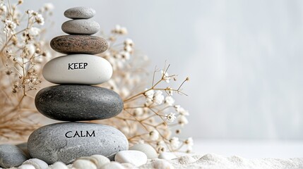 Zen stones, balance stones with text "Keep calm" on a blurred background. Concept of calm, relaxation and meditative state