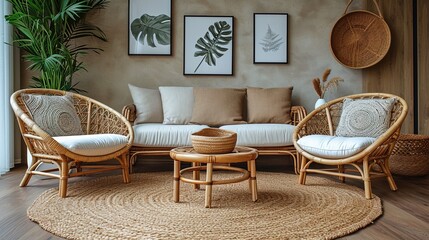 Interior design living room with a rattan biege sofa with soft pillows. Two quality rattan armchairs in boho style and pictures on wall. Neutral color tone interior design concept
