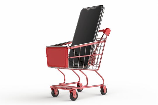 Smart phone with Iron shopping cart for online.Shopping online concept