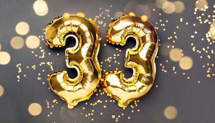 Gold foil balloon number, thirty three. Birthday greeting card with inscription 33. Anniversary celebration event. Banner. Golden numeral, black background. Numerical digit, light bokeh, glitter.