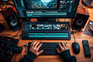 Video editing process Created top view hand.video editting timeline concept