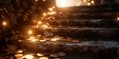 golden coins lying on the stairs, generative AI - obrazy, fototapety, plakaty