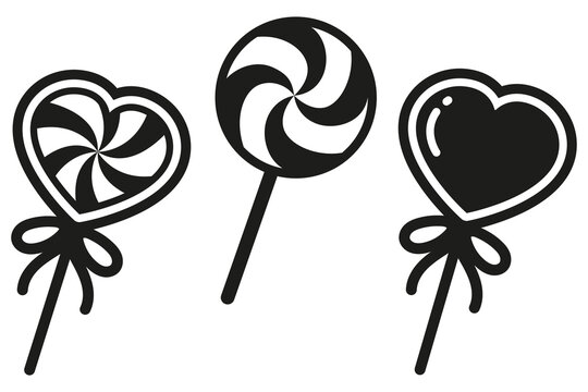 Sweet Heart Shaped Lollipop Candy silhouette set, heart  candy black vector illustration